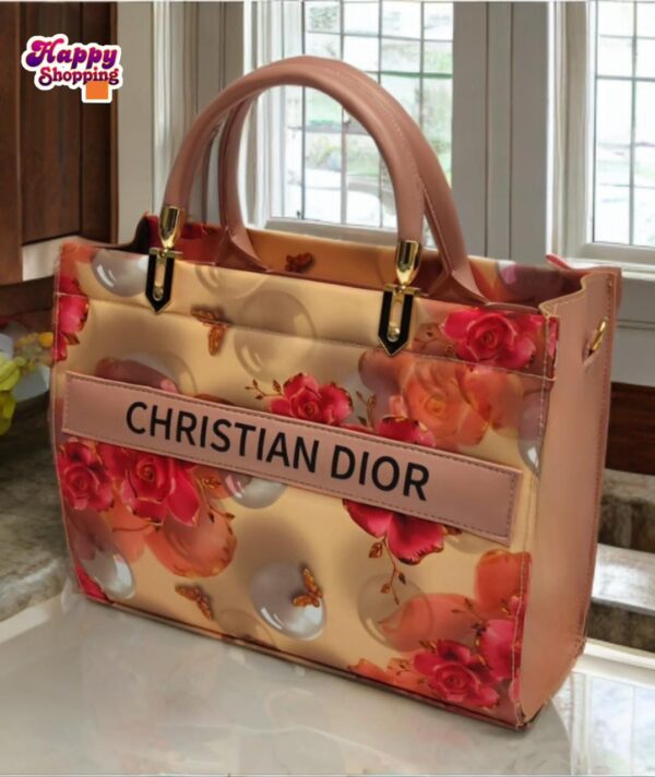 Floral Pattern Christian Dior Tote with Glossy Finish and Gold Handle Accents