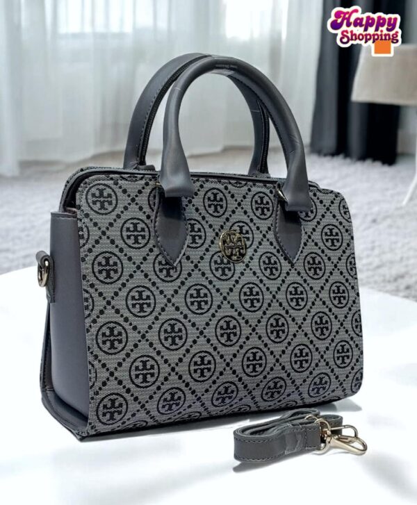 Elegant Patterned Handbag with Gold Logo and Detachable Strap