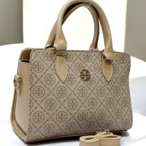 Elegant Patterned Handbag with Gold Logo and Detachable Strap