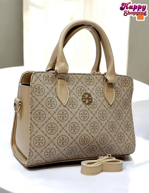Elegant Patterned Handbag with Gold Logo and Detachable Strap