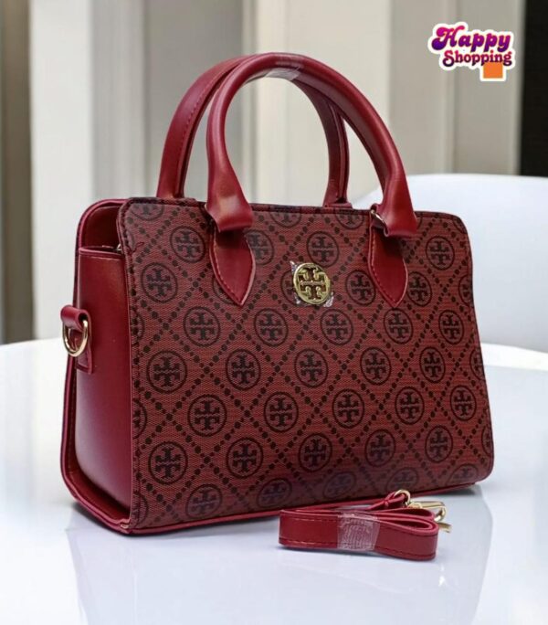 Elegant Patterned Handbag with Gold Logo and Detachable Strap