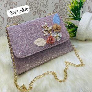 Elegant Floral Embellished Glitter Shoulder Bag with Gold Chain