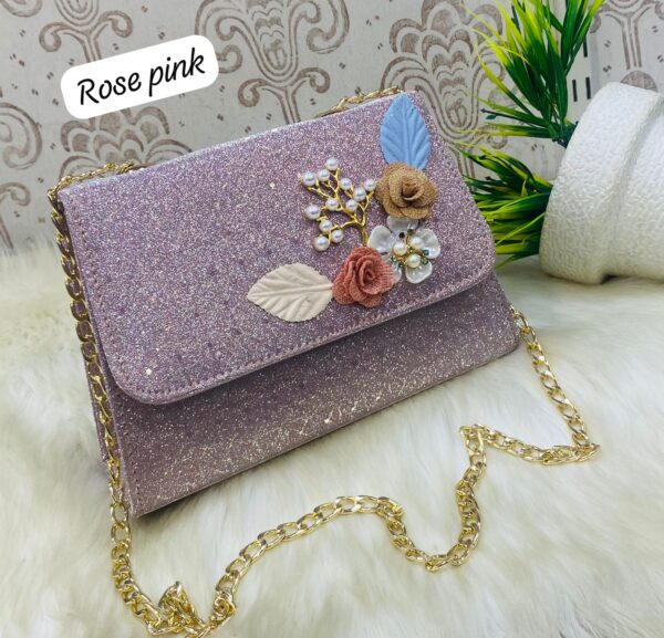 Elegant Floral Embellished Glitter Shoulder Bag with Gold Chain