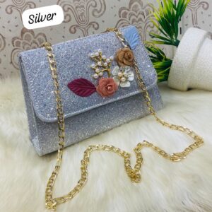 Elegant Floral Embellished Glitter Shoulder Bag with Gold Chain