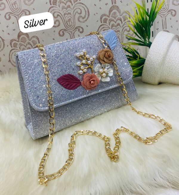 Elegant Floral Embellished Glitter Shoulder Bag with Gold Chain