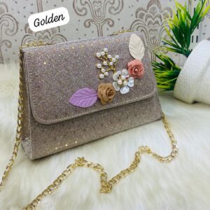 Elegant Floral Embellished Glitter Shoulder Bag with Gold Chain
