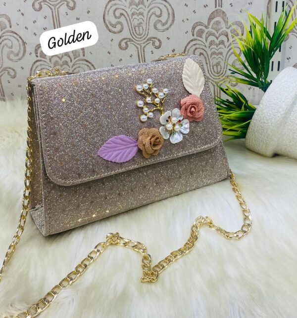 Elegant Floral Embellished Glitter Shoulder Bag with Gold Chain