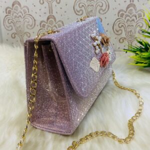 Elegant Floral Embellished Glitter Shoulder Bag with Gold Chain