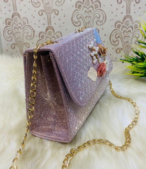 Elegant Floral Embellished Glitter Shoulder Bag with Gold Chain