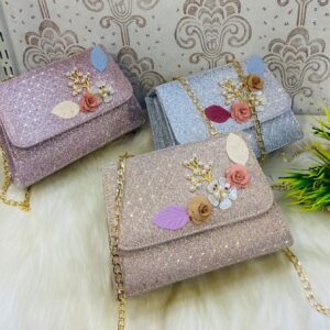 Elegant Floral Embellished Glitter Shoulder Bag with Gold Chain