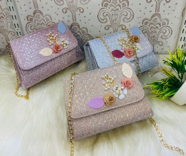 Elegant Floral Embellished Glitter Shoulder Bag with Gold Chain