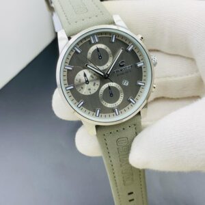 Elegant Chronograph Wristwatch with Textured Dial and Leather Strap