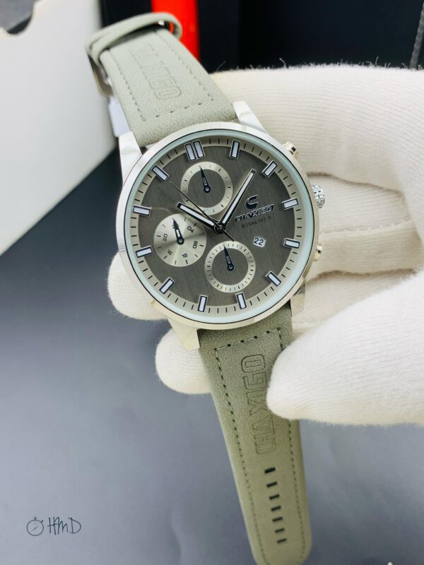 Elegant Chronograph Wristwatch with Textured Dial and Leather Strap