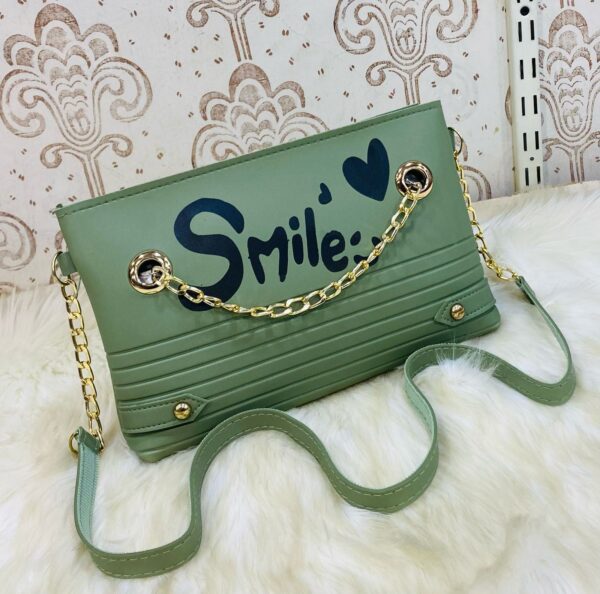 Trendy Chain Strap Clutch with “Smile” Graphic and Textured Design