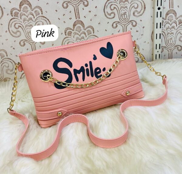 Trendy Chain Strap Clutch with “Smile” Graphic and Textured Design