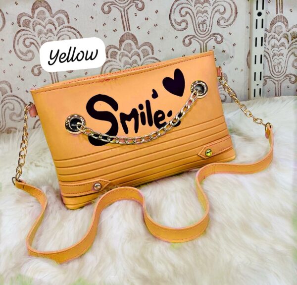 Trendy Chain Strap Clutch with “Smile” Graphic and Textured Design