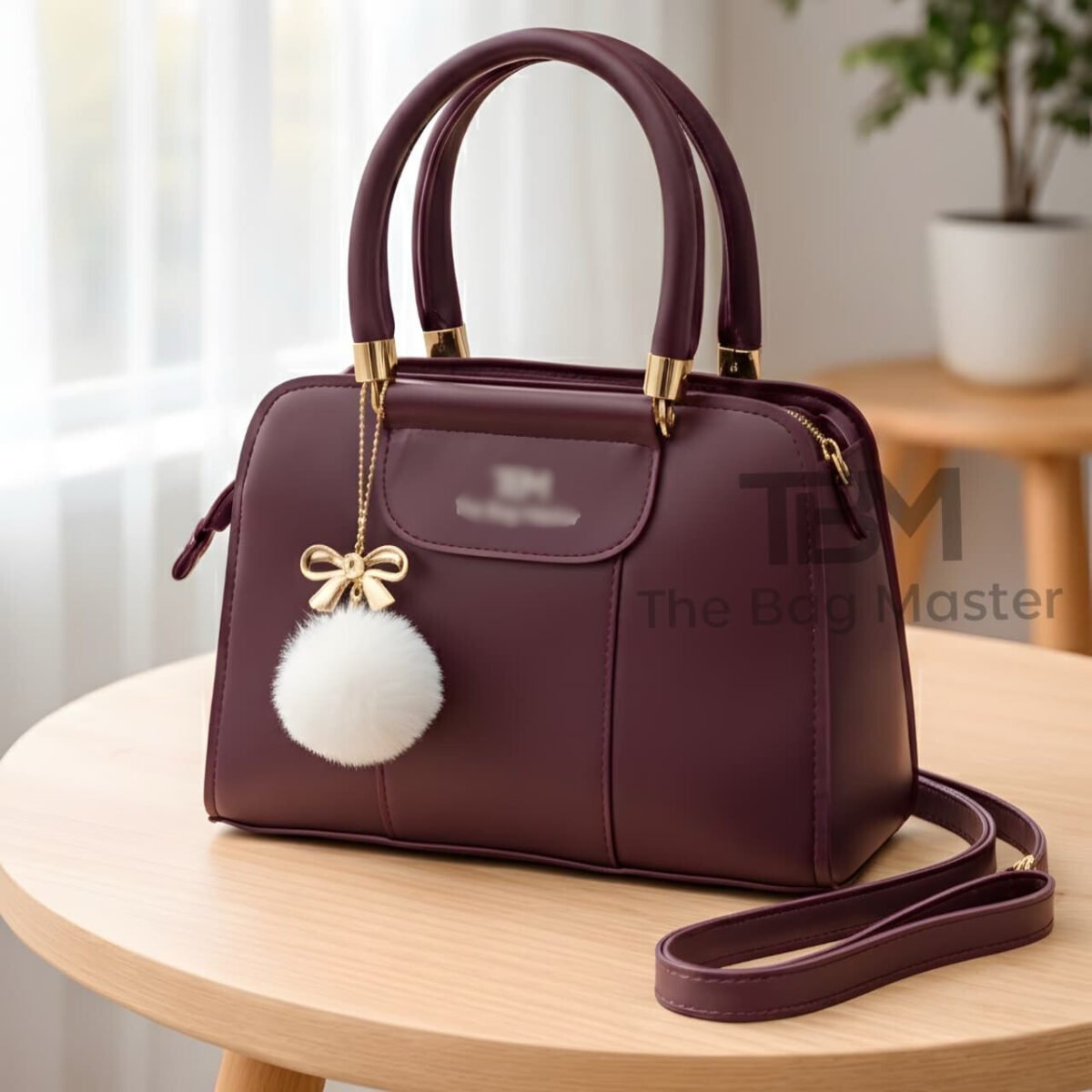 Structured Satchel with Bow-Accent Charm and Detachable Strap