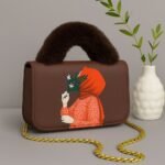 Trendy Women’s Handbag with Artistic Print, Fur Handle, and Gold Chain - Image 6