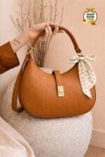 Monogram Embossed Shoulder Bag With Patterned Scarf Accent - Image 4