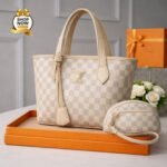 Checkered Women’s Tote Handbag with Matching Pouch