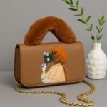 Trendy Women’s Handbag with Artistic Print, Fur Handle, and Gold Chain