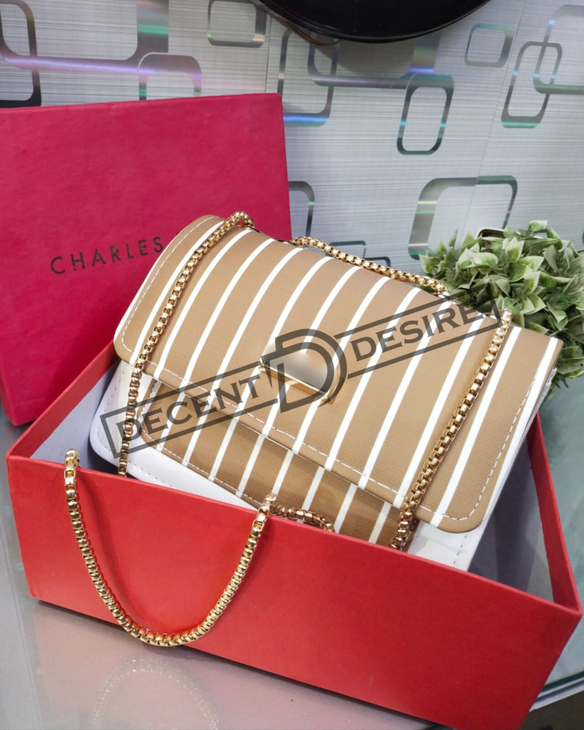 Striped Shoulder Bag With Gold Chain Detailing By Charles & Keith