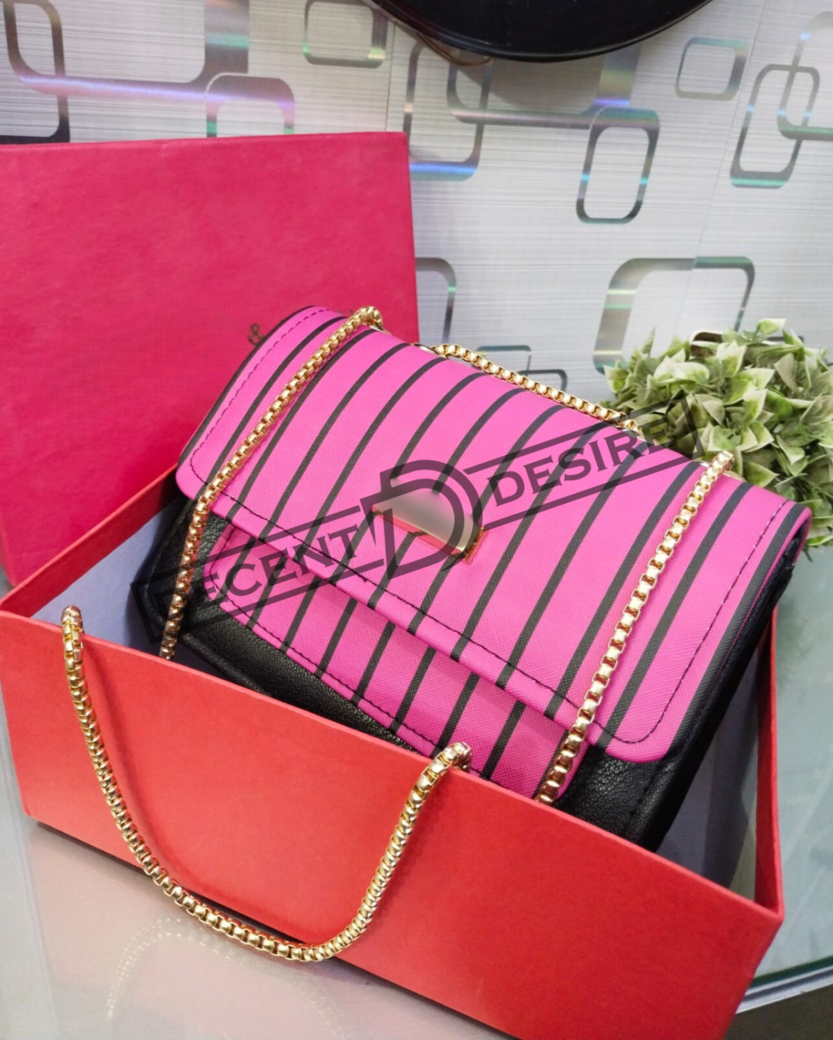 Striped Shoulder Bag With Gold Chain Detailing By Charles & Keith