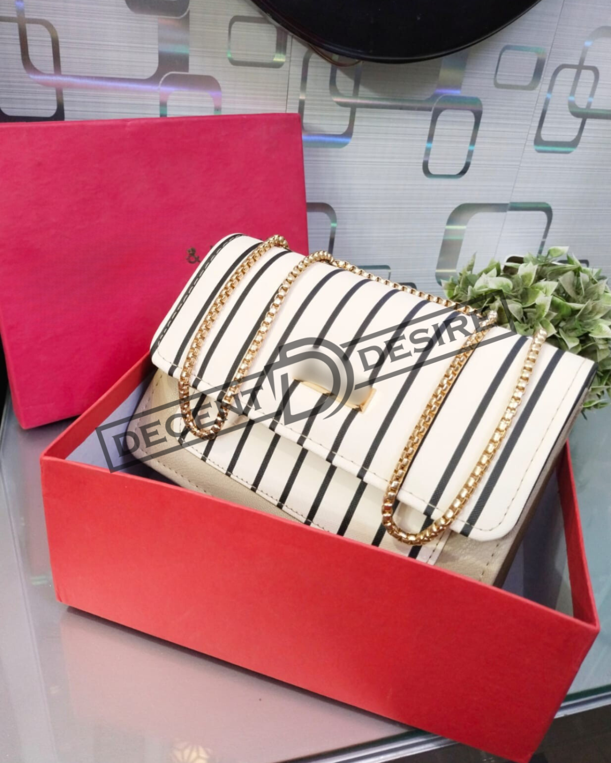 Striped Shoulder Bag With Gold Chain Detailing By Charles & Keith