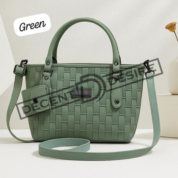 Woven Texture Structured Tote With Mini Pouch And Studded Accents