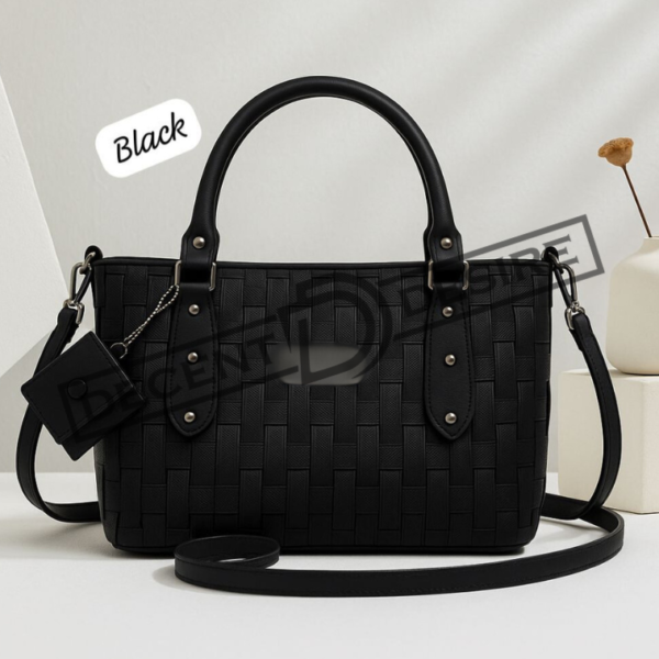 Woven Texture Structured Tote With Mini Pouch And Studded Accents