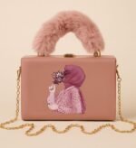 Elegant Handcrafted Box Clutch for Women with Faux Fur Handle and Gold Chain Strap