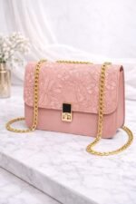 Embossed Nature Motif Crossbody Bag With Elegant Gold Chain - Image 3