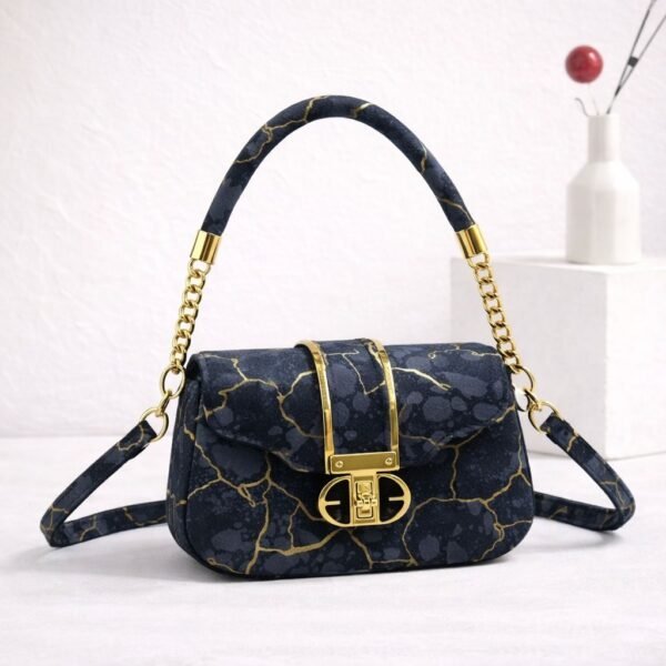 Marble Effect Vegan Leather Handbag With Arched Chain Handle