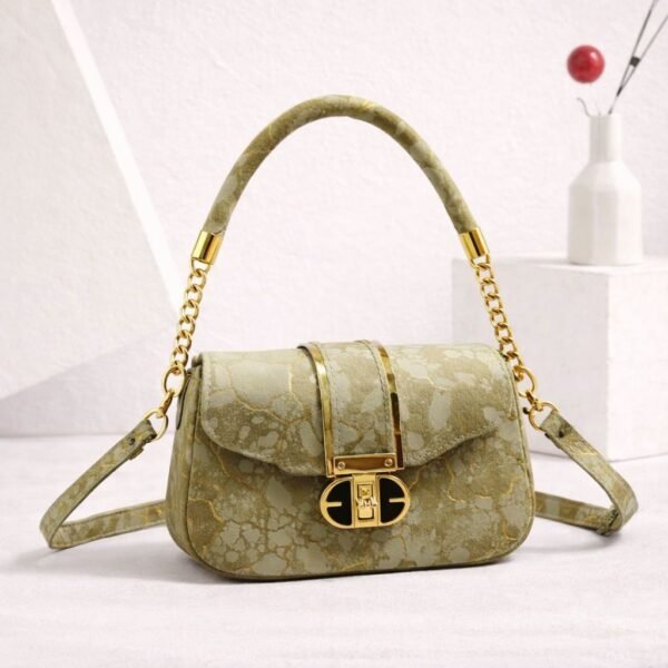 Marble Effect Vegan Leather Handbag With Arched Chain Handle