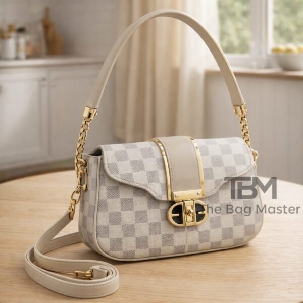 Checkered Motif Flap Bag With Arched Chain Handle And Turn Lock Clasp