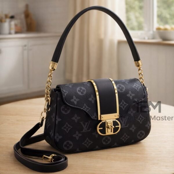 Checkered Motif Flap Bag With Arched Chain Handle And Turn Lock Clasp