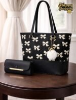 Bow Print Tote Bag Set With Plush Pom Pom Charm And Matching Clutch