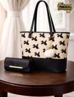 Bow Print Tote Bag Set With Plush Pom Pom Charm And Matching Clutch
