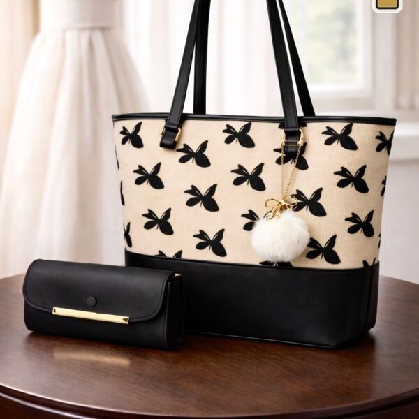 Bow Print Tote Bag Set With Plush Pom Pom Charm And Matching Clutch