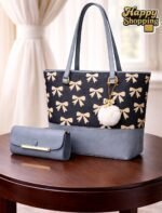 Bow Print Tote Bag Set With Plush Pom Pom Charm And Matching Clutch