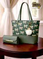 Bow Print Tote Bag Set With Plush Pom Pom Charm And Matching Clutch