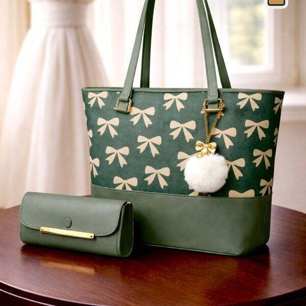 Bow Print Tote Bag Set With Plush Pom Pom Charm And Matching Clutch