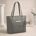 Minimalist Grained Leather Tote Bag With Zipper Detail And Slim Shoulder Straps
