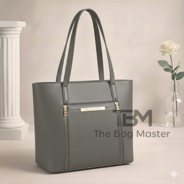 Minimalist Grained Leather Tote Bag With Zipper Detail And Slim Shoulder Straps