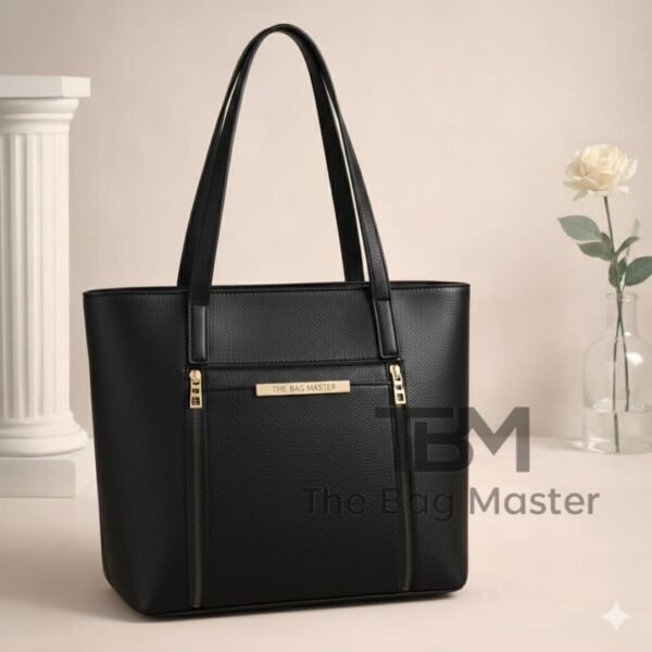 Minimalist Grained Leather Tote Bag With Zipper Detail And Slim Shoulder Straps