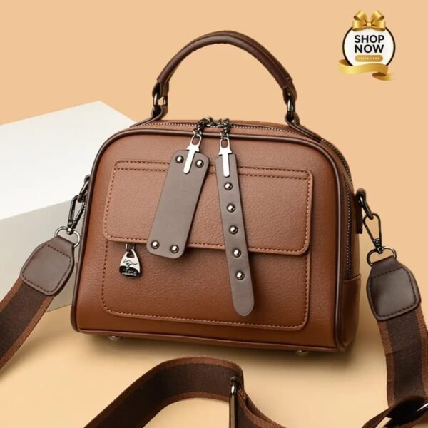 Retro Inspired Structured Satchel With Contrast Piping And Multi-Zip Pockets