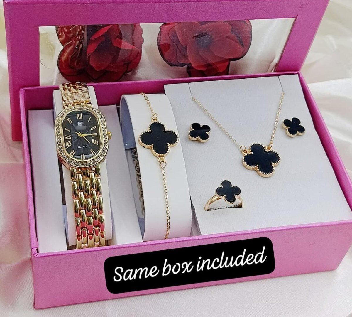 Complete Floral Motif Jewelry Set With Matching Watch And Ring