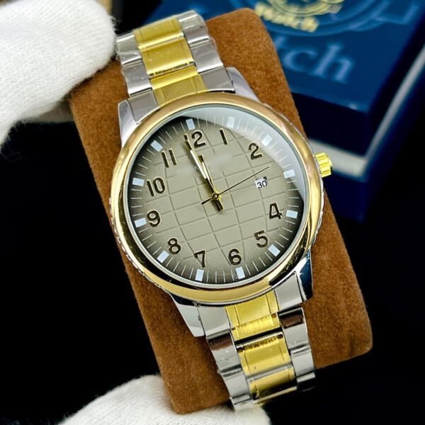 Premium Grid Dial Watch With Date Display & Stainless Steel Strap