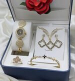 Luxury Jewelry Gift Set With Crystal Watch, Necklace, Earrings, Bracelet, And Ring