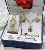 Luxury Jewelry Gift Set With Crystal Watch, Necklace, Earrings, Bracelet, And Ring
